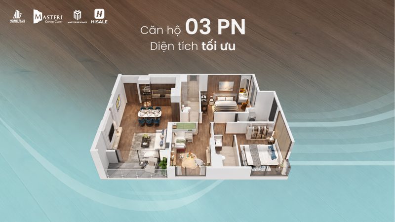 Bố trí 3D căn 3 phòng ngủ