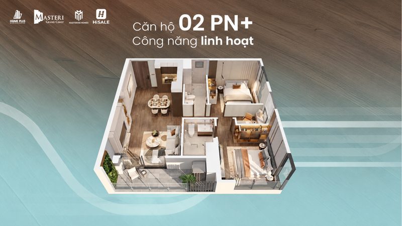 Bố trí 3D căn 2 phòng ngủ +