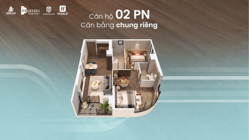 Bố trí 3D căn 2 phòng ngủ
