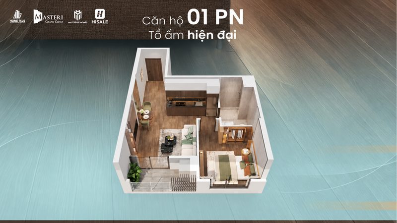Bố trí 3D căn 1 phòng ngủ