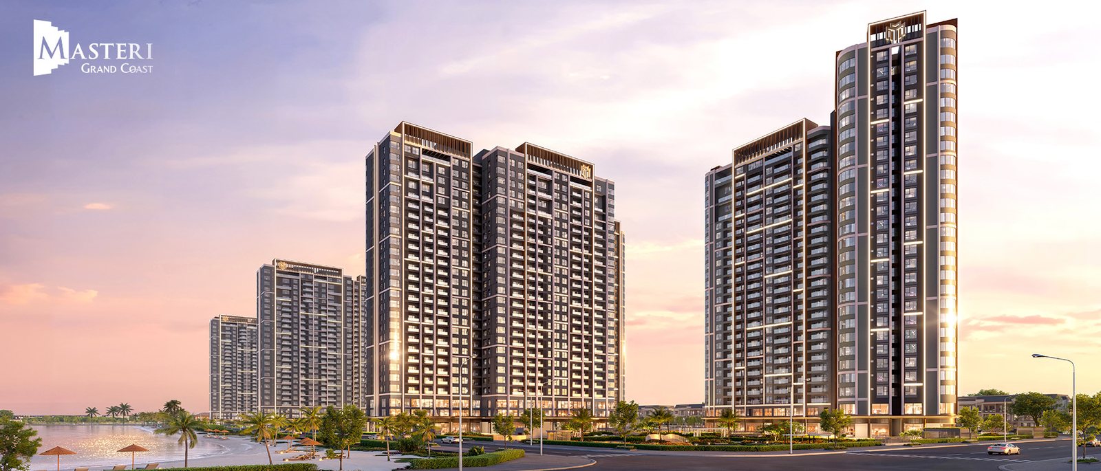 Phối cảnh 7 tòa Masteri Grand Coast bên hồ tạo sóng Wonder Wave Park lúc hoàng hôn